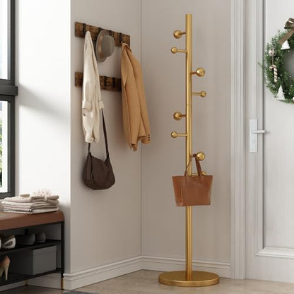 Coat Rack Freestanding Coat Tree with 8 Hooks Coat Hanger Stand,Gold | Heavy Duty Metal Coats Rack Stand for Jacket Hat Clothes Bag Stainless Steel Hall Tree Hat Racks for Entryway Bedroom Hallway - color: Gold with 8 Round Hooks