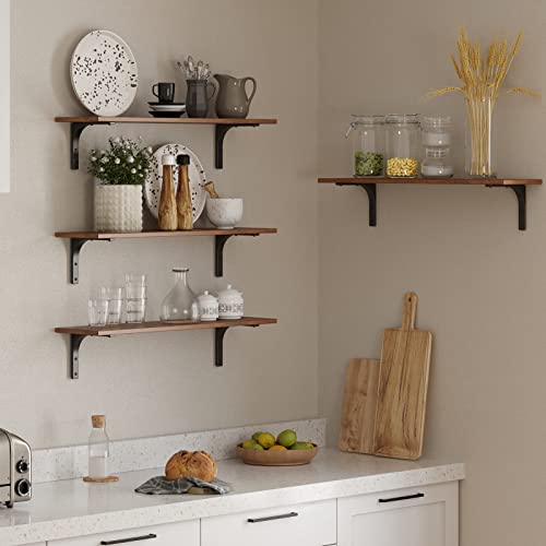 Long Wall Shelves, 31.5Inch Wooden Wall Mounted Shelves, Set of 2 | Floating Book Shelf, Metal Bracket Easy Assembly, Max Load 22lbs, Wall Storage Ledges, Bedroom/Bathroom/Kitchen, Rustic Brown - color: Rustic Brown, size: 31.5 Inch