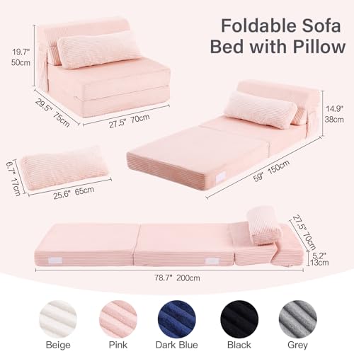 Folding Sofa Bed with Pillow, Convertible Sleeper Chair, Comfy Floor Futon Couch Mattress Lounge Sofa for Adults Portable Fold Out Chair Bed for Living Room Bedroom, Single, Pink - color: Pink