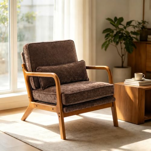 Karl home Mid-Century Modern Accent Reading Chair, Brown | Chenille Upholstered, Solid Wood Frame, Soft Cushion, Lumbar Pillow, Lounge Armchair for Living Room, Bedroom, Balcony, Study - color: Chenille Brown