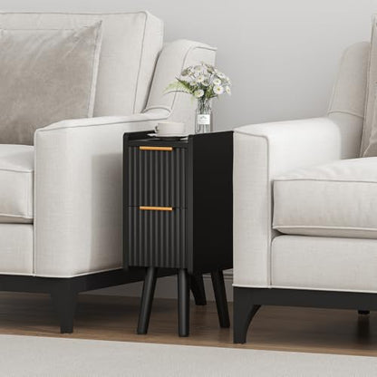 ELYKEN 7.9" Fluted Narrow Nightstand, 20.6" H Skinny Side Table, Black | Compact Design for Small Spaces, 2 Drawers, Modern Black Finish, Perfect as Bedside Table, End Table or Sofa Side Table - color: Black-1 Pcs
