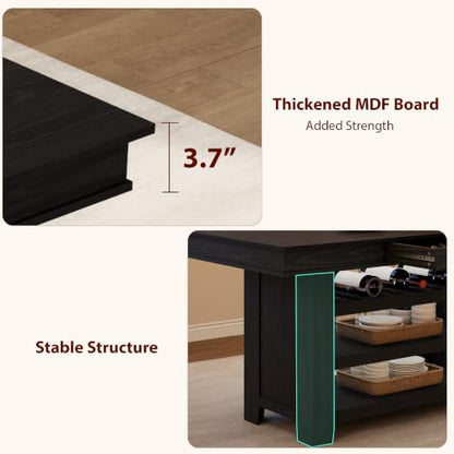 Counter Height Dining Table with Storage, Retro Black | 60" wide top seats 4-6 with deep wine rack, 2 drawers and 3 shelves for family dining, entertaining and apartment kitchens - color: Retro Black