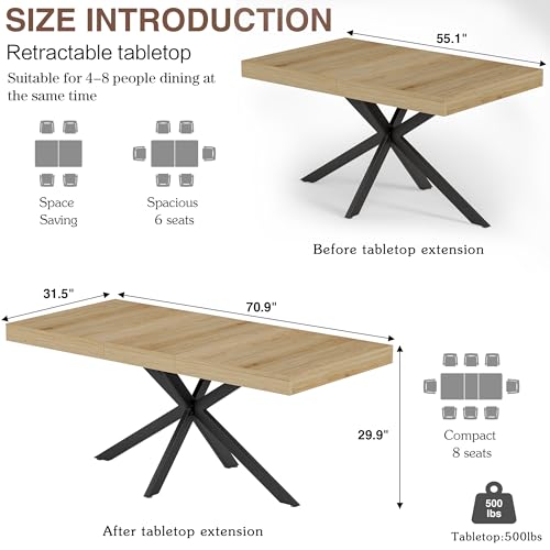 Extendable Dining Room Table for 4 6 8,55"-70" Kitchen Table Leaf,Oak | Expandable Rectangle Dining Table,Wood Dining Table w/ Hidden Leaf & Storage, Space Saving, Kitchen Dining Living Room,Modern - color: Removable Leaf 55"-71" Oak