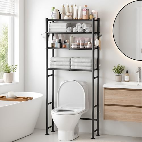 GloTika 4-Tier Over The Toilet Storage Shelves, Black | 200lb Total Capacity, Metal Bathroom Organizer with 36" Clearance, Includes Paper Holder & 4 Hooks, Suit for Small Space - color: Black