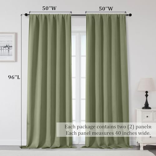 Sally Sage Green Blackout Curtains 96 Inches Long 2 Panels Set for Bedroom Living Room, Solid Thermal Insulated Privacy Room Darkening Window Treatment Drapes, 2 Pcs Each W50 x L96 Inch, Sage - color: Sage Green, size: 50"W x 96"L (Pack of 2)