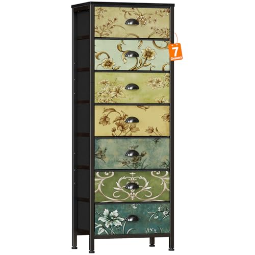7 Drawer Tall Dresser for Bedroom, Vintage Fabric Chest of Drawers | Tall Nightstand for Dorm, Vertical Storage Tower Organizer, Fabric Drawer Units, Retro Skinny Dresser for Closet, Entryway - size: 15.8"D x 43.3"W x 11.4"H (7 Drawers)