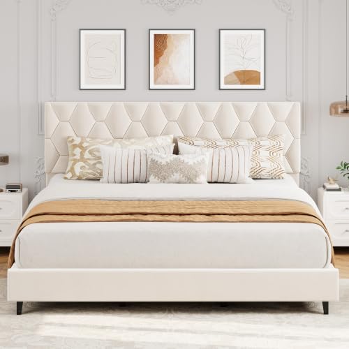GAOMON King Bed Frame with Upholstered Headboard, Heavy-Duty Platform Bed Frame with Strong Wood Slats, No Box Spring Needed/Noise Free/Easy Assembly, Ivory White | Heavy-Duty Bed Frame with Wooden Slats Support Upholstered Mattress Foundation No Box Spri