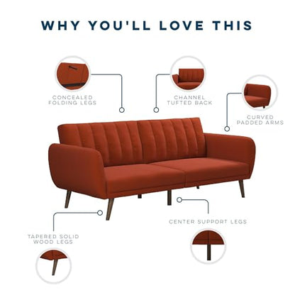 Novogratz Brittany 82 Inch Futon Sofa Bed in Linen, Upholstered Couch Sleeper with Tufted Back, Mid-Century Modern Design, Persimmon - color: Persimmon Linen