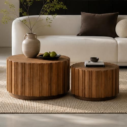 WILLIAMPSACE Round Nesting Coffee Table Set of 2, Rustic Farmhouse Wooden Drum Center Tables with Vertical Slatted Body, Tea Table for Living Room Apartment, No Assembly (19.7"+27.5", Walnut) - color: 19.7"+27.5", Walnut