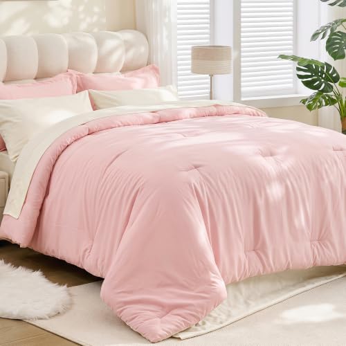 7 Pieces Comforter Set Full Size, Reversible Pink & White Bedding Set, Soft Brushed Microfiber Comforter with Flat Sheet, Fitted Sheet, Pillowcases & Shams, 82"X86" - color: Pink & White, size: Full (82"×86")
