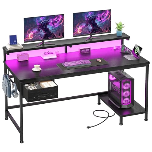 DurayLoly 39.3" Gaming Desk with Power Outlet and LED Lights,Bedroom,Black | Computer Desk with Adjutable Monitor Stand,Fabric Drawer,Office Desk with CPU Stand, Home Work,Study and Gaming,Small Spaces - color: Black, size: 39.3 Inch