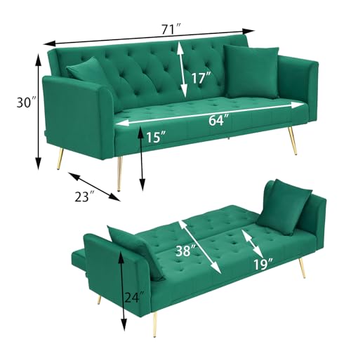 71" Modern Velvet Sofa Bed Futon, Convertible Sleeper Couch, Adj. Backrest | Tufted Recliner Loveseat Design with Golden Chrome Legs & 2 Pillows, Perfect for Small Spaces, Living Room, Apartment - color: Green