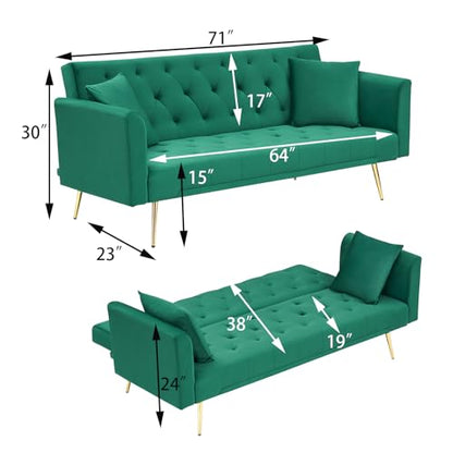 71" Modern Velvet Sofa Bed Futon, Convertible Sleeper Couch, Adj. Backrest | Tufted Recliner Loveseat Design with Golden Chrome Legs & 2 Pillows, Perfect for Small Spaces, Living Room, Apartment - color: Green