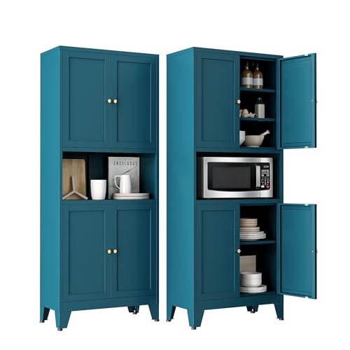 69" Tall Pantry Cabinet with Open Shelf,13.78“Deep By 28" Wide Storage Cabinet with Doors and Adjustable Shelves,Microwave Stand,for Kitchen Dining Room Living Room Bathroom,Teal Blue,1Pc - color: Blue, size: 13.78"D x 27.56"W x 69"H