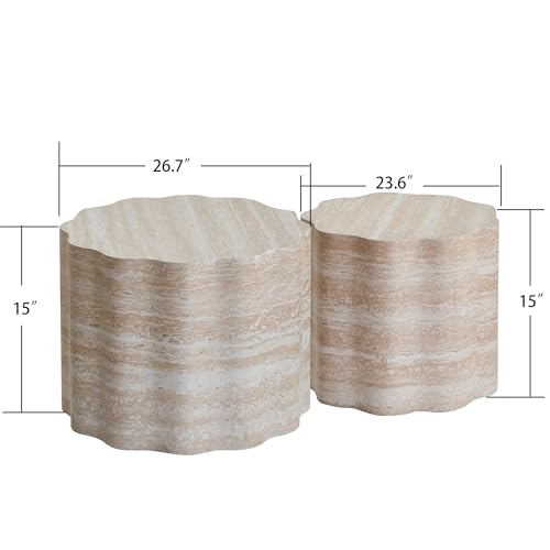 Nesting Coffee Table Set of 2, Modern Wood Center Table for Living Room, Faux Mars Pattern Side Table Accent End Table for Apartment Office, No Need Assembly (26.7"& 23.6") - color: 26.7"& 23.6" Beige Brown