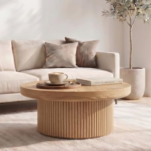 33.5" Round Coffee Table with Real Wood Parquet Top,Natural | Mid-Century Modern Tea Table Center Table, Thickened Tabletop, Sturdy Base for living Room, Easy Assembly - color: E-33.5" Natural