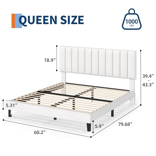 Garvee Queen Size Platform Bed Frame with Upholstered Headboard, White | Fully Velvet Upholstered Mattress Foundation with Height Adjustable Headboard, No Box Spring Needed, Easy Assembly - color: White, size: Queen