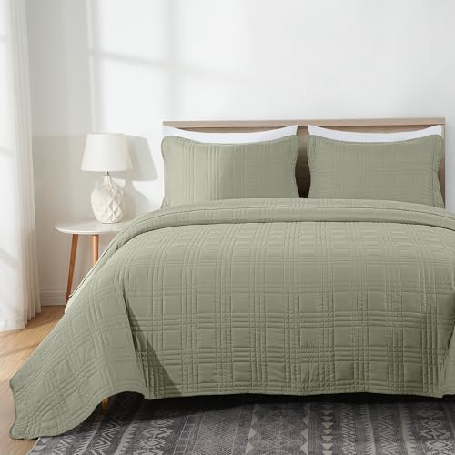 Chezmoi Collection Kingston King Size Bedspread Set, 3-Piece Sage Green Oversized Quilted Microfiber Lightweight Bedspread Coverlet (118"x106") for All Seasons - color: Sage, size: King