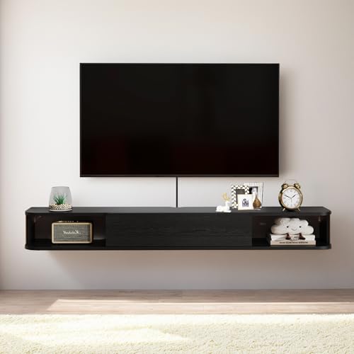 Pmnianhua Floating TV Stand with Drawer,74'' Wall-Mounted TV Cabinet,Floating TV Console,Under TV Entertainment Shelf with Storage for Bedroom Living Room(Black)