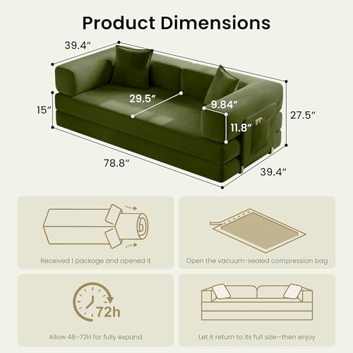 78.8" Convertible Futon Sofa Bed, Boneless Couch for Living Room | Corduroy Boneless Loveseat Sleeper Sofa, Modular Futon Couch with Storage Pocket, Pull Out Couch No Assembly | Green - color: Green