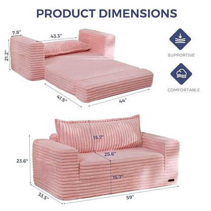MAXYOYO Convertible Sofa Bed, Pull-Out Loveseat Couch Bed for Small Space | 2 in 1 Folding Couch Bed with Large Back Pillow, Plush Faux Fabric Lounge Couch for Living Room, Apartment, Pink - color: Pink