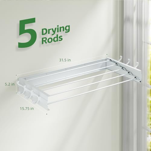 Wall Mounted Drying Rack 31.5", Foldable Clothes Drying Rack with 6 Towel Hooks and 5 Rods for Hanging Clothes, Space Saving Laundry Rack for Indoor Outdoor Bathroom Balcony Laundry Room(31.5") - size: 31.5''
