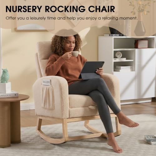 Rocking Chair Nursing, Rocker Chair with Footrest (Cream) | Teddy Boucle Upholstered Accent Reading Chair with High Back & Side Pocket for Living Room Bedroom Nursery Office - color: Cream