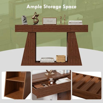 KEIKI 60" Narrow Console Table with Built-in Power Outlet, Farmhouse Sofa Table Behind Couch with Side Storage Compartment & Slatted Shelf, Entryway Foyer Hallway Accent Table, Rustic Walnut