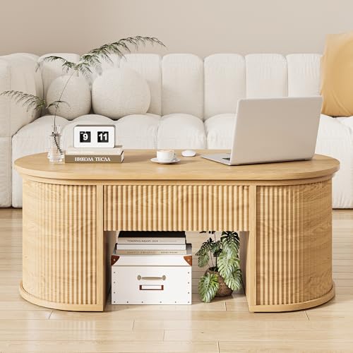 47.2" Oval Fluted Lift Top Coffee Table with Hidden Compartment, Natural | Lifting Tabletop,Timeless Fluted Wood Aesthetic,Spacious Hidden Storage,Supporting up to 150 lbs - color: Natural