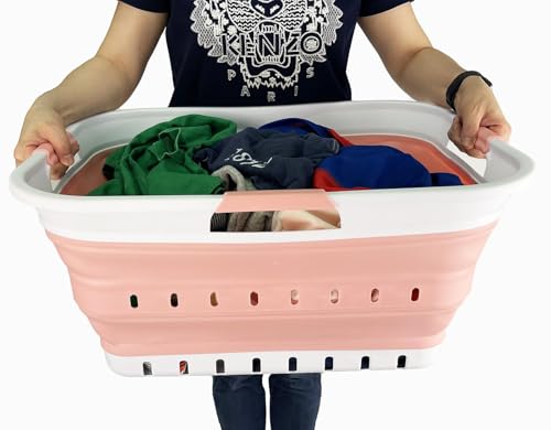 SAMMART 42L (11 gallon) Collapsible Plastic Laundry Basket - Foldable Pop Up Storage Container/Organizer - Space Saving Hamper/Basket (1, White/Quartz Pink) - color: White/Quartz Pink