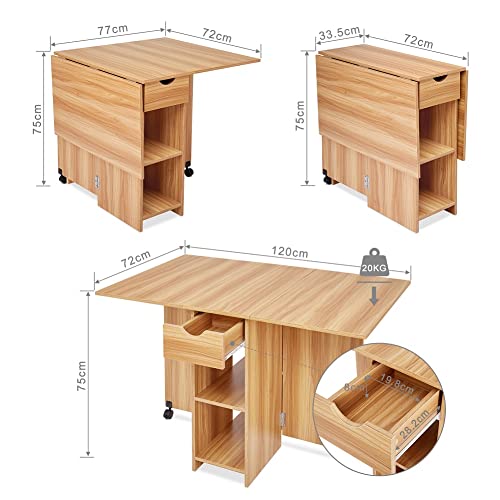 Mondeer Folding Dining Table with Drawer and Shelves, Red Oak | Drop Leaf Kitchen Table with 1 Drawer and 2 Storage Shelves in Modern Style for Small Spaces and Seats 4-6 People. - color: Red Oak