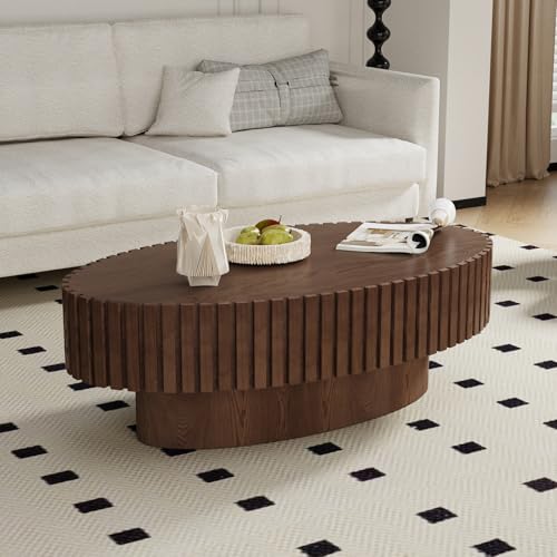 43.3 inch Brown Oval Drum Fluted Coffee Table | Mid Century Style Fluted Oval End Table, Handcrafted Wood Fluted Relief, with Sturdy Base, For Living Room & Apartment - color: Brown Oval