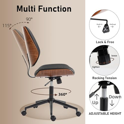 Modern Walnut Home Office Chair, Black-Embroidery | Executive Desk Chair No Armswith Wheels, Adjustable Height, Comfy PU, Deeper Cushion, Mid Back, 360 Swivel Computer Chair - color: Black-embroidery