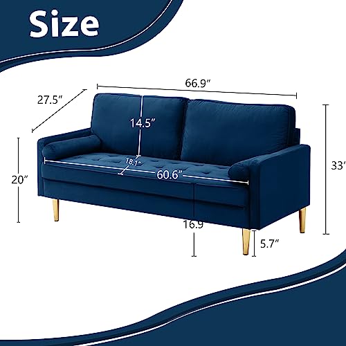 67" Modern Velvet Loveseat Sofa Couch, Mid-Century Tufted Upholstered Small Love Seat Couch with 2 Pillows & 4 Golden Legs, 2-Seats Couches for Compact Space, Living Room, Apartment (Navy) - color: Navy