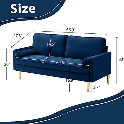 67" Modern Velvet Loveseat Sofa Couch, Mid-Century Tufted Upholstered Small Love Seat Couch with 2 Pillows & 4 Golden Legs, 2-Seats Couches for Compact Space, Living Room, Apartment (Navy) - color: Navy