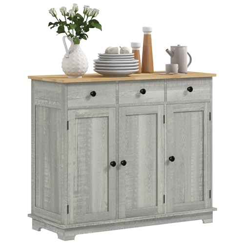HOMCOM Sideboard Buffet Cabinet Solid Wood Countertop Distressed Light Gray | Modern Kitchen Storage, Coffee Bar Cabinet, 3 Drawers, Doors, Adjustable Shelf - color: Distressed Light Gray, size: 39.75" x 15.75" x 33.5"