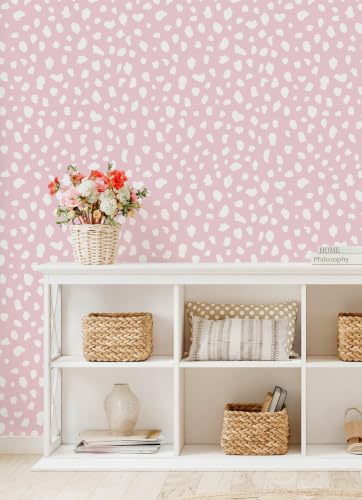 Yasinet Pink Wallpaper Boho Dots Peel and Stick Wallpaper Modern Removable for Girl Bathroom/Bedroom Pink and White Contact Paper Self Adhesive Waterproof Wall Paper Decro Vinyl 17.3" × 118 " - color: Pink/White, size: 17.3"×118.6''