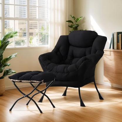 Lazy Chair with Ottoman, Soft Comfy Chair for Bedroom, Black | Reading Accent Lounge Chair with folding Foot Stool for Living Room Dorm Apartment, sturdy metal frame - color: Black
