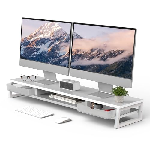 Fenge Dual Monitor Stand Riser, 42.5in Desk Shelf with 2 Drawers, White | 2-Tier Monitor Shelf for Desk, Storage Drawer with Stopper, Frosted, fit Home Office, Ultrawide Screen, PC, Laptop, TV - color: White