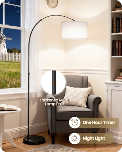 75" Arc Floor Lamp with Marble Base and Adjustable Height, Rotating Hanging Shade, Dimmable Floor Lamp for Living Room with Remote and Foot Switch, 3CCT, Over Couch Arched Light, White Shade W15LD05 - color: Black + White