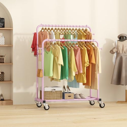 Laiensia Double Rods Garment Rack with Wheels, Clothing Rack for Hanging Clothes,4 Hooks, Multi-Functional Bedroom Clothes Rack, Pink - color: pink
