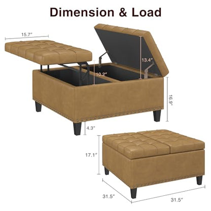 FiveWillowise 31.5 Inch Large Square Ottoman with Storage,Faux Leather | Coffee Table Storage Ottoman Bench with Lift Top Upholstered Footrest Stool Toy Box for Bedroom Living Room,Camel - color: Camle