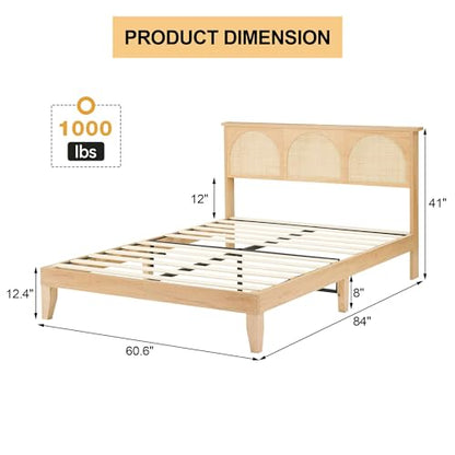 GAOMON Queen Bed Frame with Natural Rattan Headboard, Queen Size Platform Bed Frame with LED Lights and Rattan Headboard, Wooden Support Legs, No Box Spring Needed, Easy Assembly