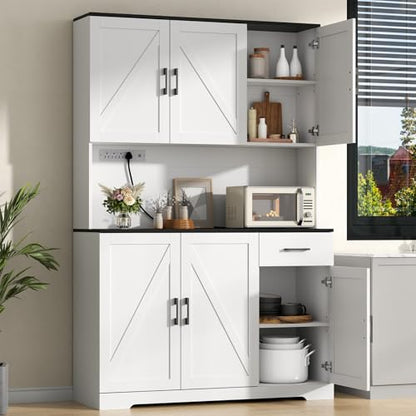Gyfimoie 71’’ Farmhouse Kitchen Pantry Cabinet, Tall Storage Cabinet with Power Outlet, Freestanding Hutch with Drawer, 4 Adjustable Shelf & 6 Doors for Kitchen Living Room (White) - color: White
