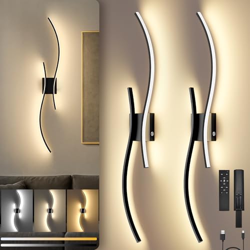 10000mAh Battery Operated Wall Sconces Set of 2, Black, 31.5 Inch, 3CCT | Renter Friendly, Rechargeable Modern Wall Lights, Remote Control, Dimmable, LED Cordless Lights for Living Room, Bedroom - color: Black, size: 31.5in
