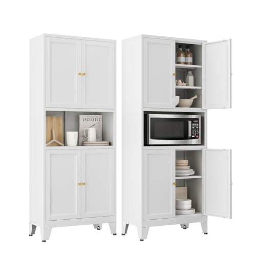 69" H Metal Pantry Cabinet with Open Shelf,13.78“Deep By 28" Wide Storage Cabinet with Doors and Adjustable Shelves,Microwave Stand,for Kitchen Dining Room Bathroom,White 1Pc - color: White, size: 13.78"D x 27.56"W x 69"H