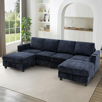 110" Convertible U-Shape Couch with 2 Flexible Ottomans, Blue | Soft Sectional Sofa with Durable Cup Holders, Chenille 4 Seater Sofa with Well-Filled Backrest for Living Room, House - color: Blue, size: 110" U-Shape