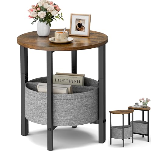 Small Round Side Table, Accent End Table with Storage Basket, Set of 2 Half Round Coffee Table End Table, Half Moon Bedside Table, Modern Nightstand Couch Table for Living Room Bedroom, Brown - color: Rustic Brown