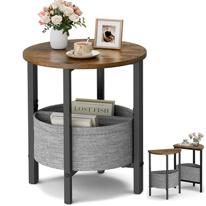 Small Round Side Table, Accent End Table with Storage Basket, Set of 2 Half Round Coffee Table End Table, Half Moon Bedside Table, Modern Nightstand Couch Table for Living Room Bedroom, Brown - color: Rustic Brown