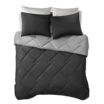Comfort Spaces Vixie Reversible Comforter Set - Trendy Casual Geometric Quilted Cover, All Season Down Alternative Cozy Bedding, Matching Sham, Black/Gray, Twin/Twin XL 2 piece | Down Alternative, All Season, Bedding for Bedroom, Geometric Pattern, Revers